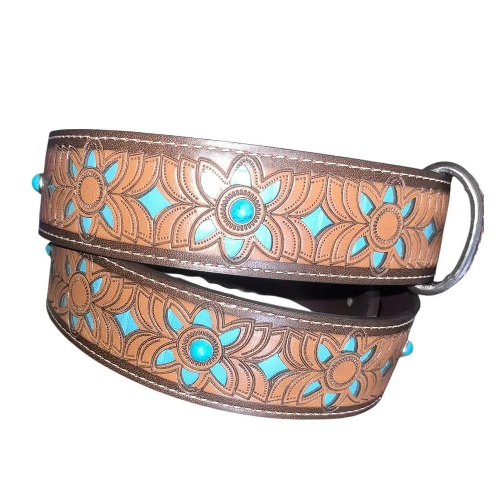 Topacc PU Leather Western Belt w/ Turquoise Floral Tooling Beaded Buckle